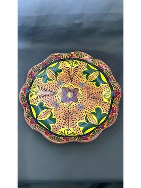 Hand-Painted Mexican Ceramic Scalloped Platter With Floral Design